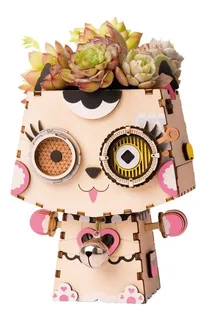 Mini Maceta De Madera Forma De Gato Robotime Armable Bloques