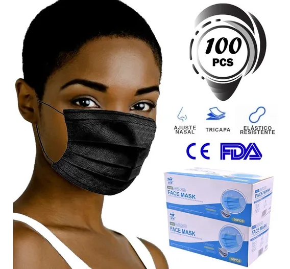 Kit 100 Cubrebocas Mascarilla Tricapa Termosellado Negro 