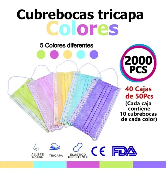 2000 Cubrebocas Tricapa Mascarilla 5 Colores Log-on Rainbow